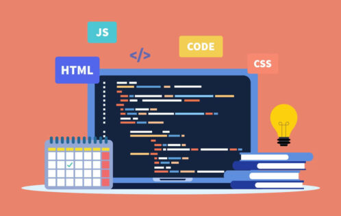 Web development and coding. programming languages. CSS, HTML, JS. program code on screen laptop. vector illustration.