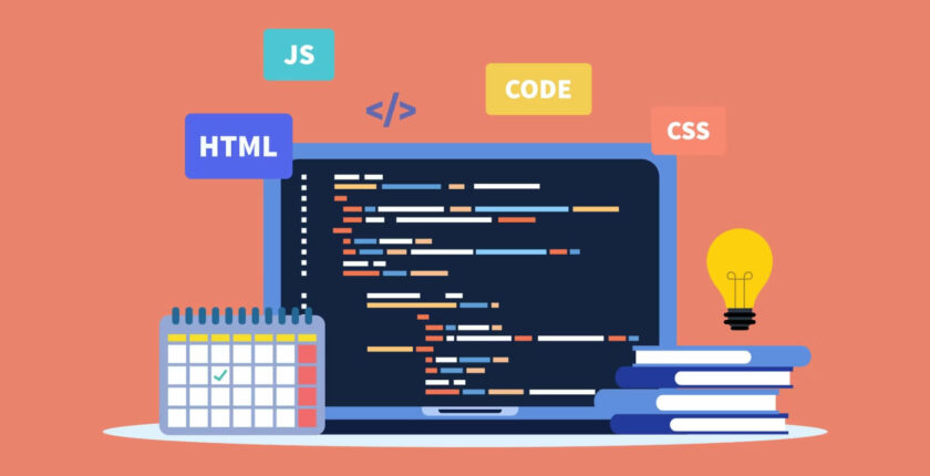 Web development and coding. programming languages. CSS, HTML, JS. program code on screen laptop. vector illustration.