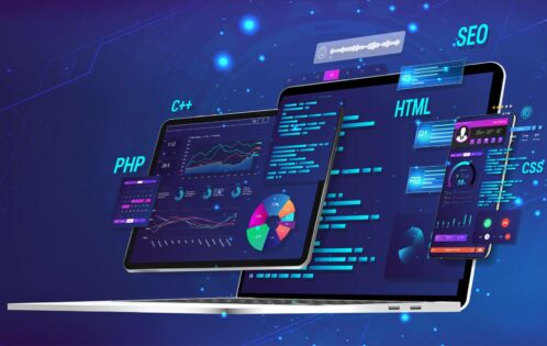 Banner Software UI and development for different devices. Business App dashboard with graph, charts, analytics data, testing platform, coding process. Software development and programming concept.