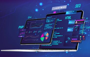 Banner Software UI and development for different devices. Business App dashboard with graph, charts, analytics data, testing platform, coding process. Software development and programming concept.